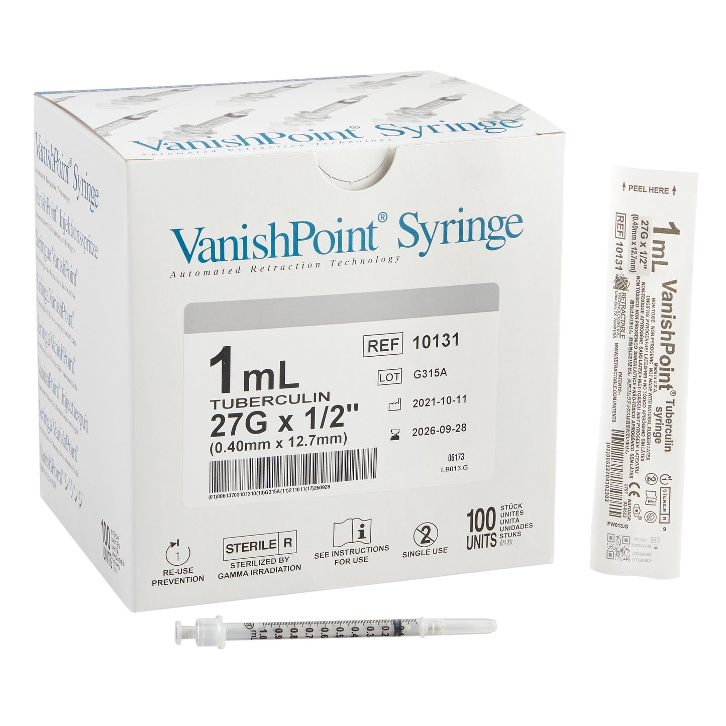Safety Tuberculin Syringe with Needle VanishPoint® 1 mL 1/2 Inch 27 Gauge Retractable Safety Needle Regular Wall - 10131