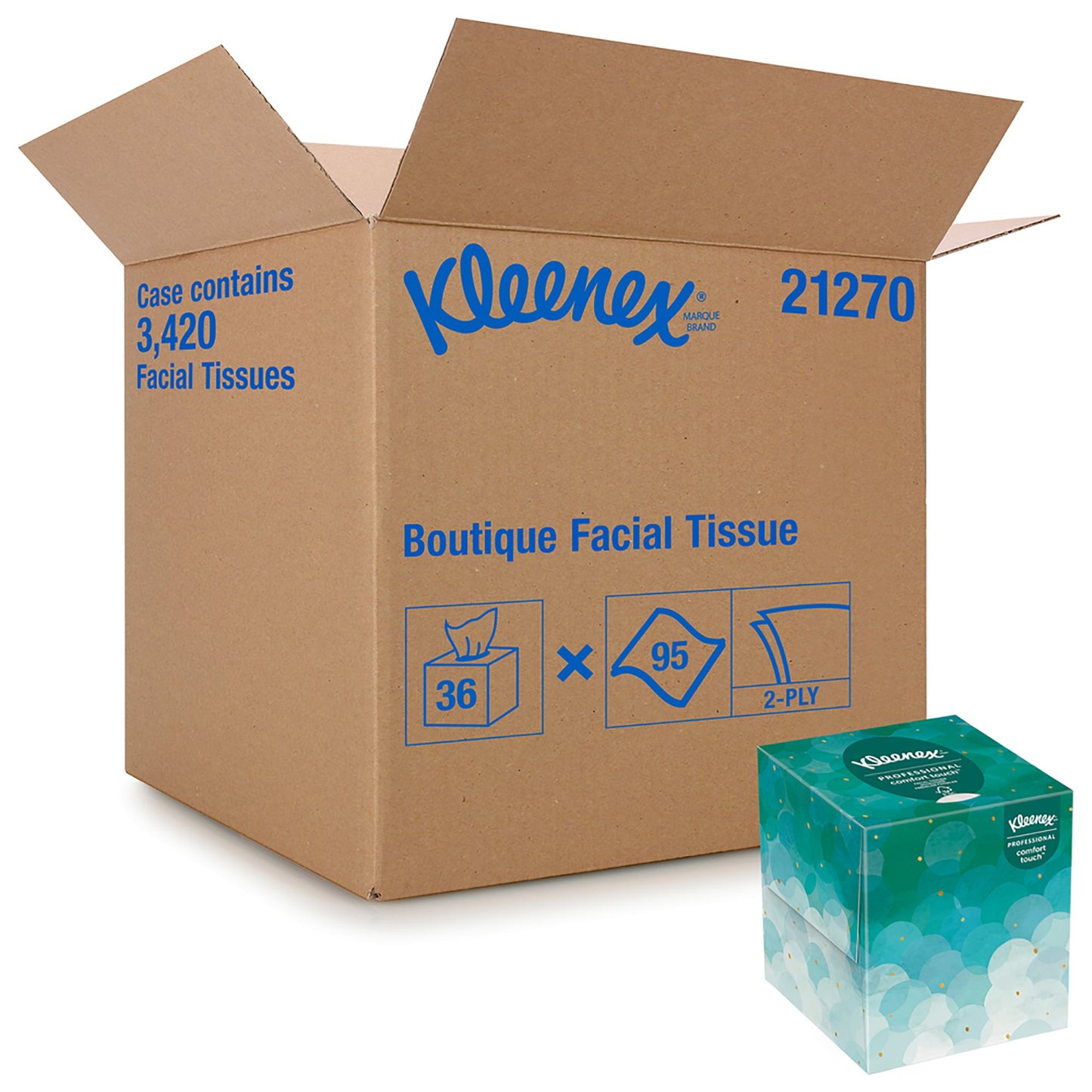Kleenex Facial Tissue, 2-Ply, Cube Container, Boutique White, 8-2/5" X 8-2/5" 21270