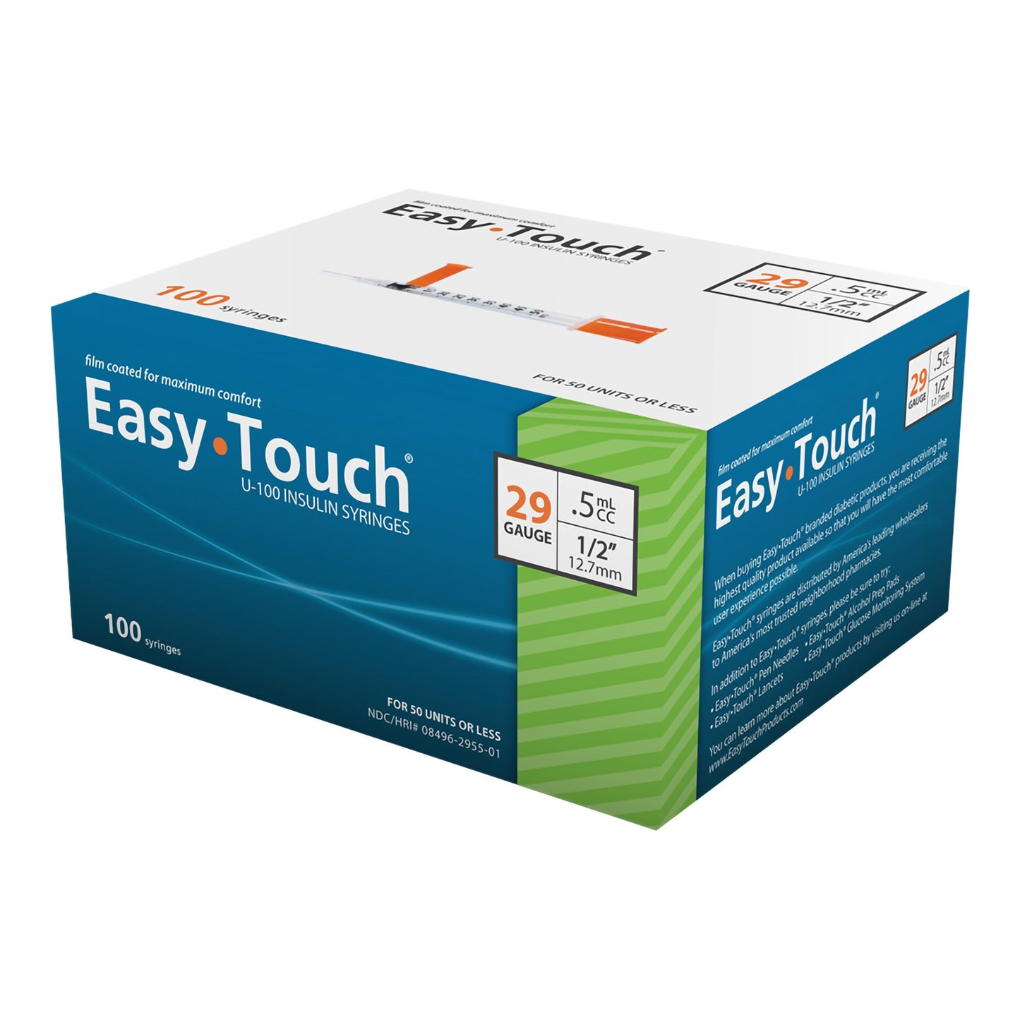 EasyTouch™ Standard Insulin Syringe w/ Needle 0.5 mL 1/2" 29G NonSafety Thin Wall 829555