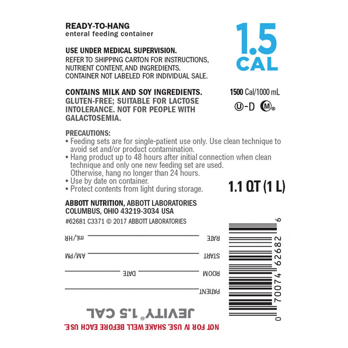 Jevity 1.5 Cal Tube Feeding Formula, 33.8 oz Ready to Hang Carton 62681