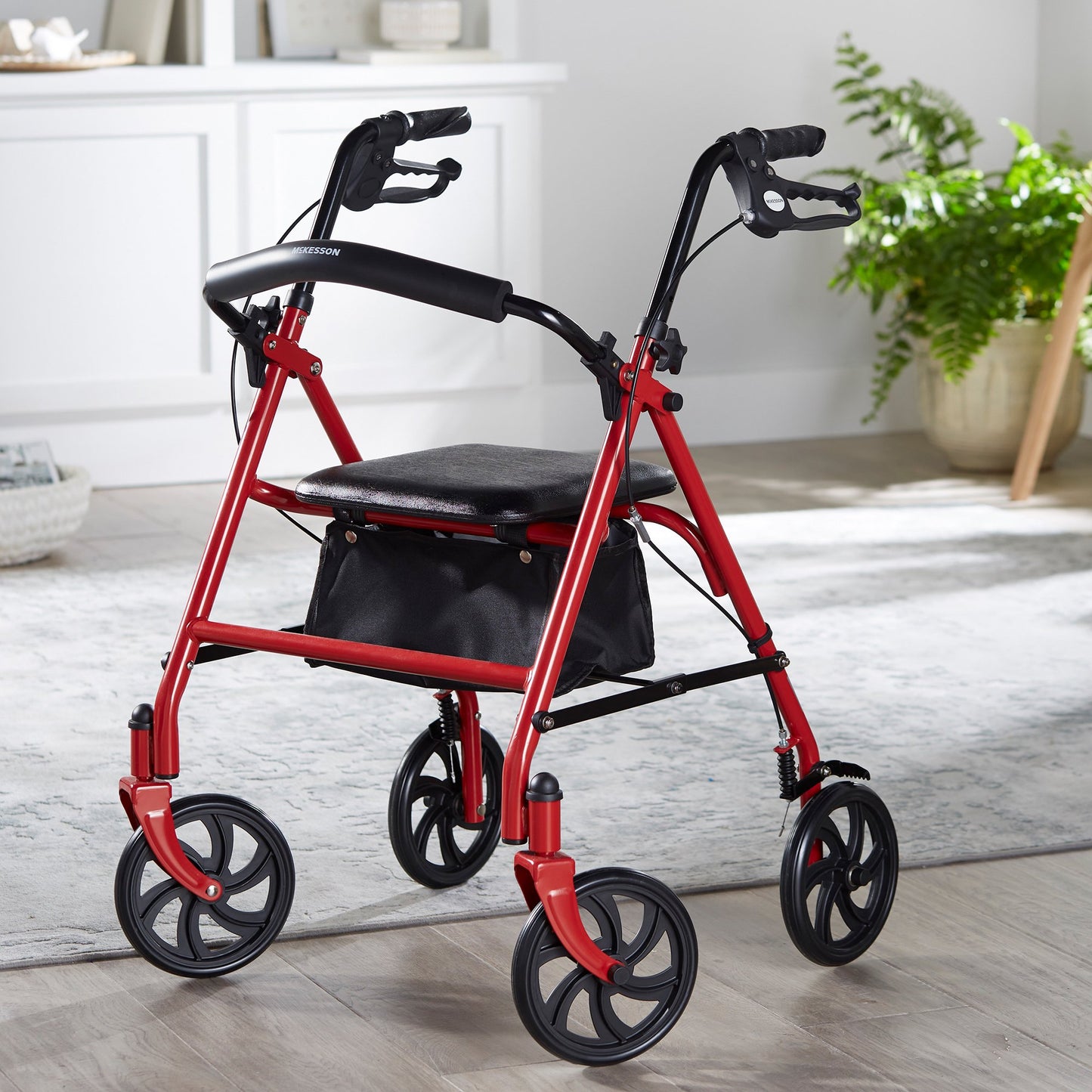 McKesson Folding Steel Four-Wheel Rollator, 12-Inch Seat Width, Red 146-10257RD-1