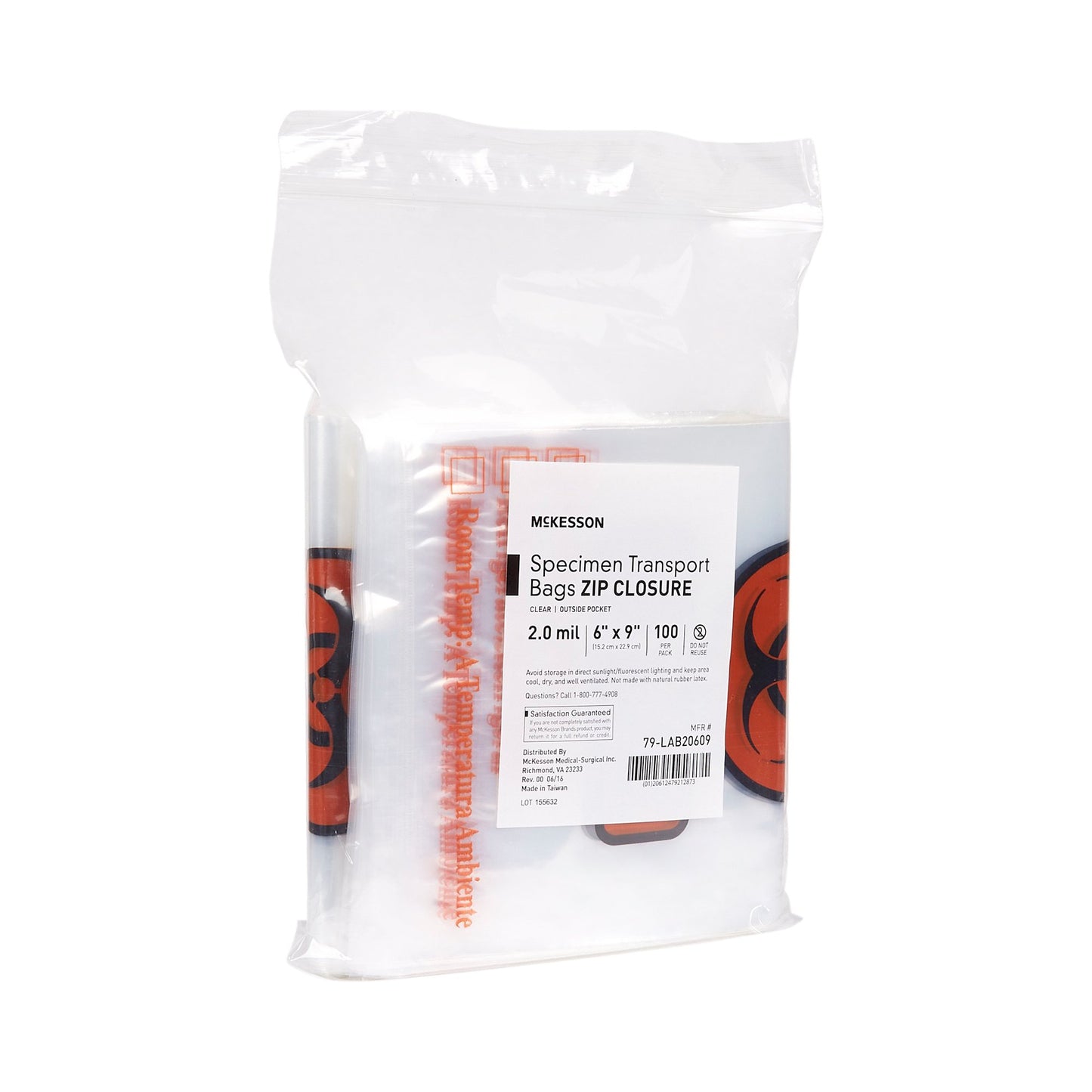 McKesson Specimen Transport Bag with Document Pouch, Zip Closure, 6 x 9 Inch 79-LAB20609