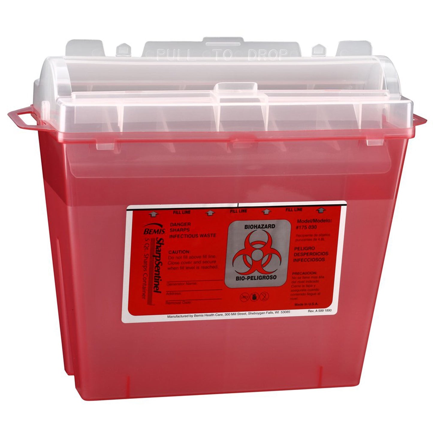 Sharps Container Bemis™ Sentinel Translucent Red Base 10 H X 5-1/4 W X 11 D Inch Horizontal Entry 1.25 Gallon - 175 030