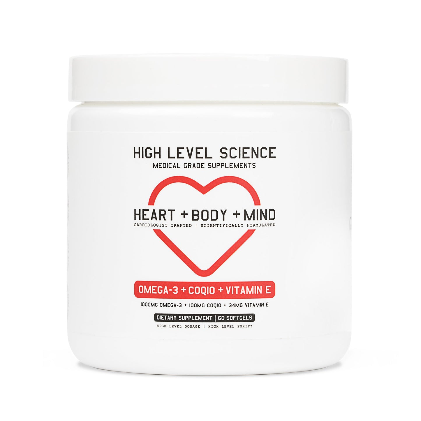 High Level Science Heart + Body + Mind Supplement, Omega-3, CoQ10 & Vitamin E HLS-001