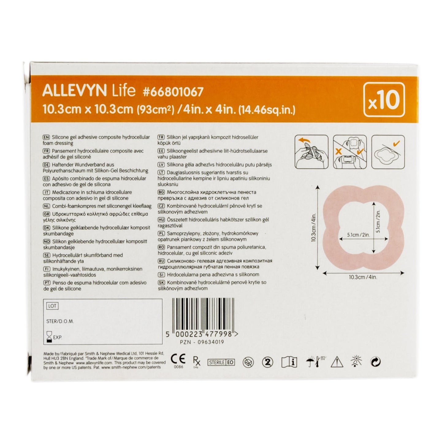 Allevyn Life Silicone Adhesive with Border Silicone Foam Dressing, 4 x 4 Inch 66801067