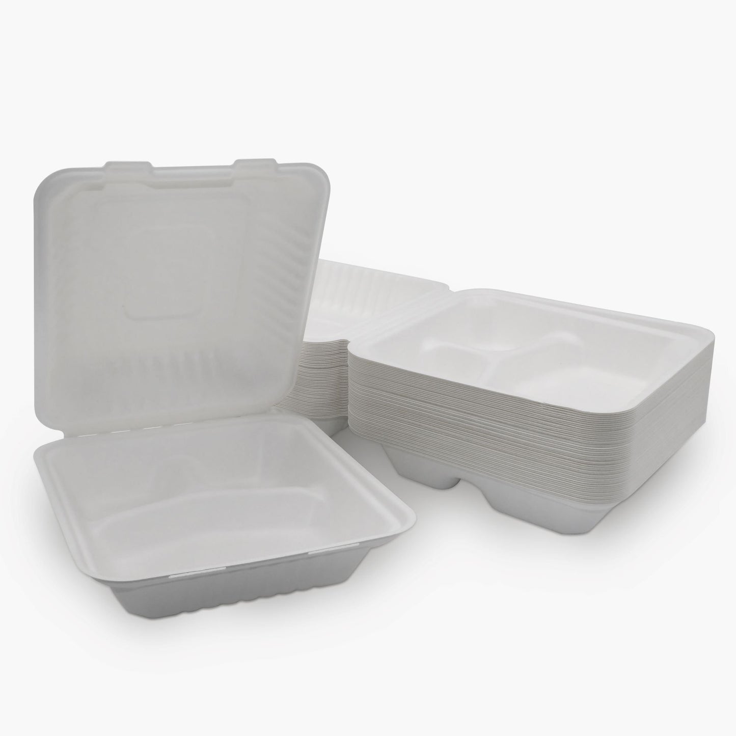 3 Compartment Clamshell Food Container Medd Max LLC 8 X 8 Inch White Compostable Bagasse B036 3-C