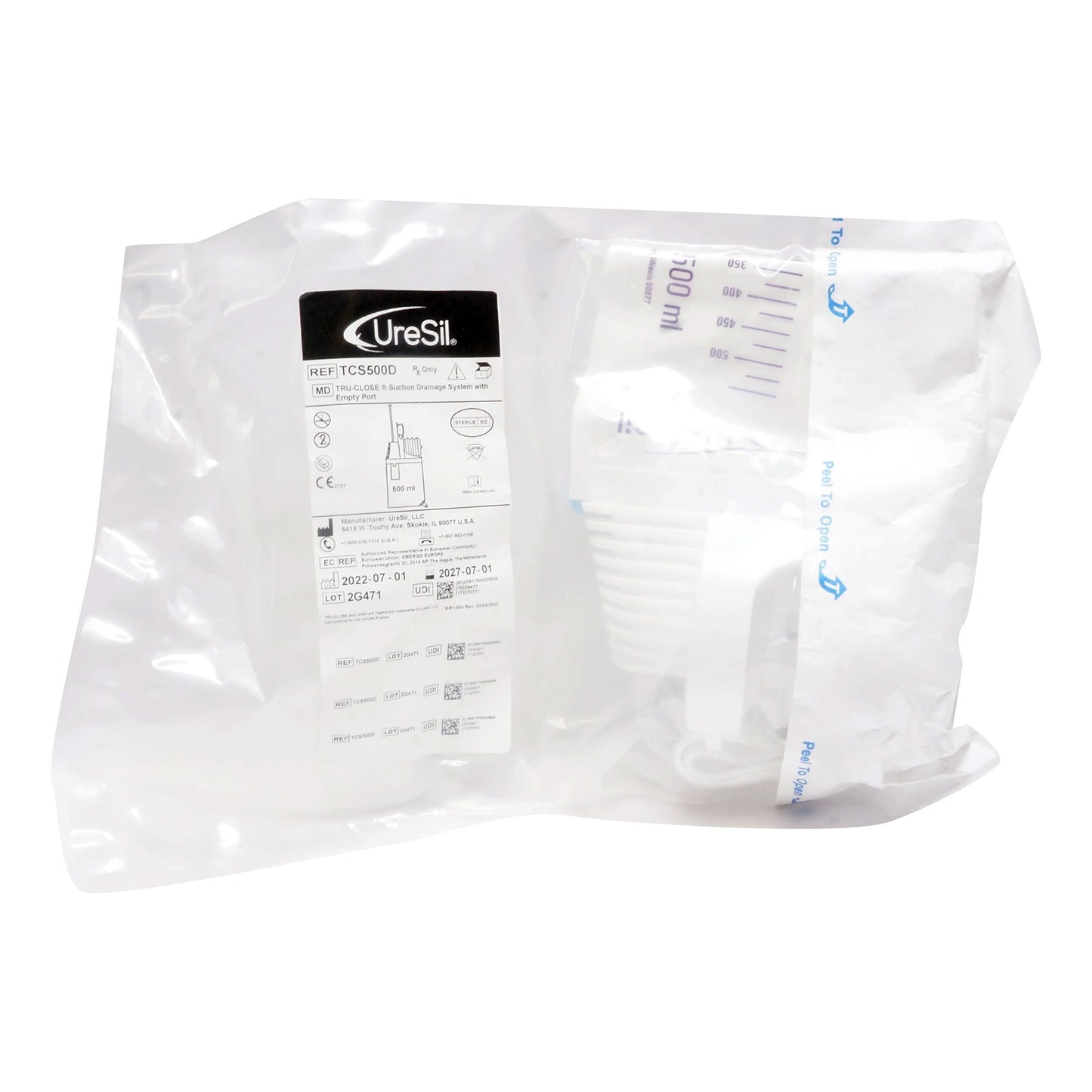 Suction Drainage Bag Tru-Close® 20 Inch Tubing 500 mL Sterile Anti-Reflux Barrier - TCS500D