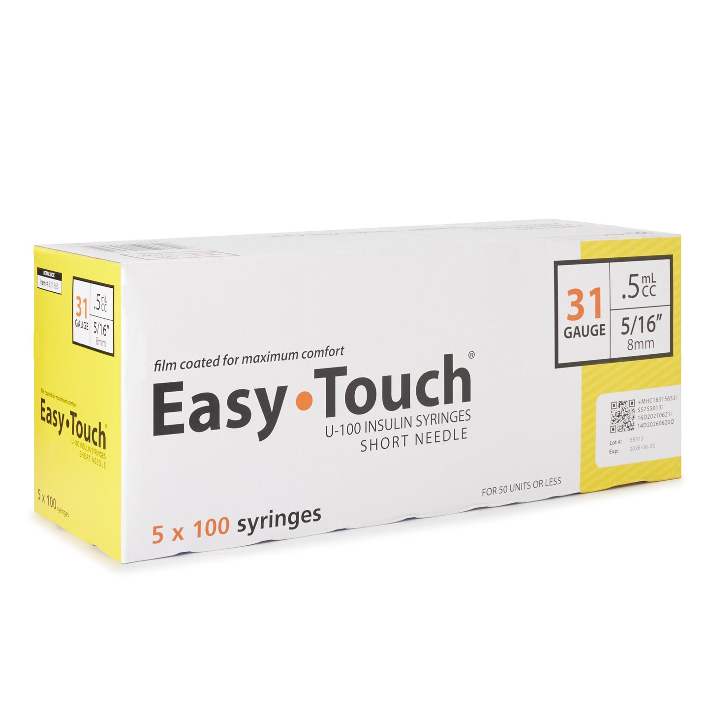 EasyTouch™ 0.5 mL Insulin Syringe with Needle, 31 Gauge, 5/16 Inch Needle Length 831565