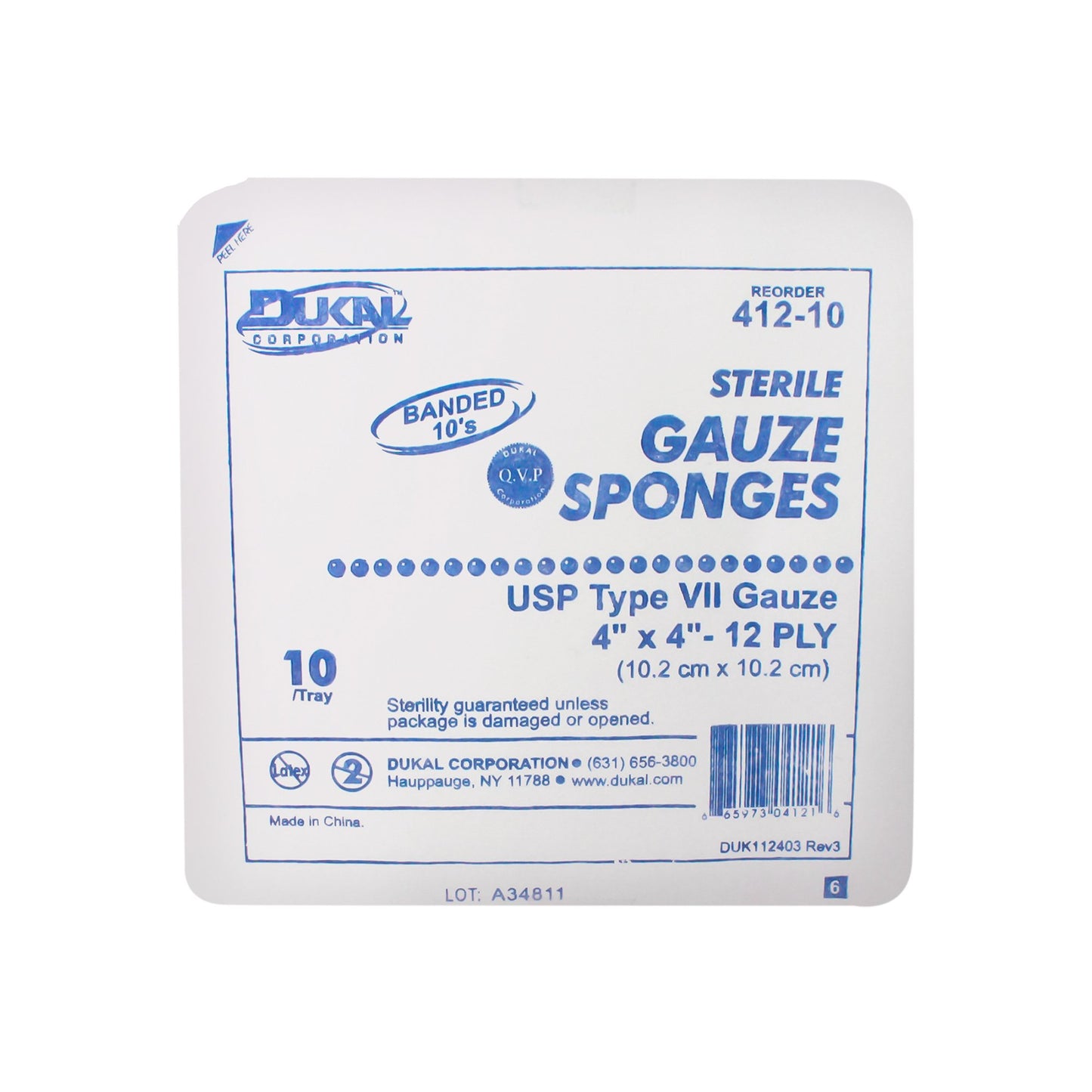 Dukal™ Sterile USP Type VII Gauze Sponge, 4 x 4 Inch, 12-Ply 412-10