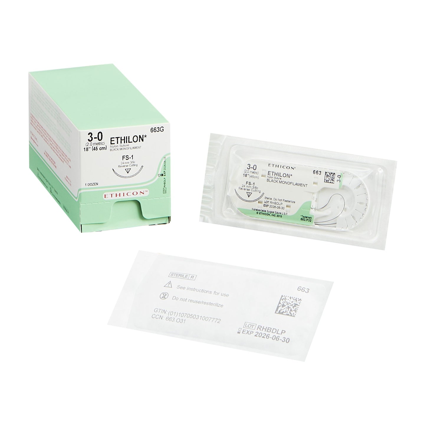 Nonabsorbable Suture with Needle Ethilon™ Nylon FS-1 3/8 Circle Reverse Cutting Needle Size 3-0 Monofilament - 663G
