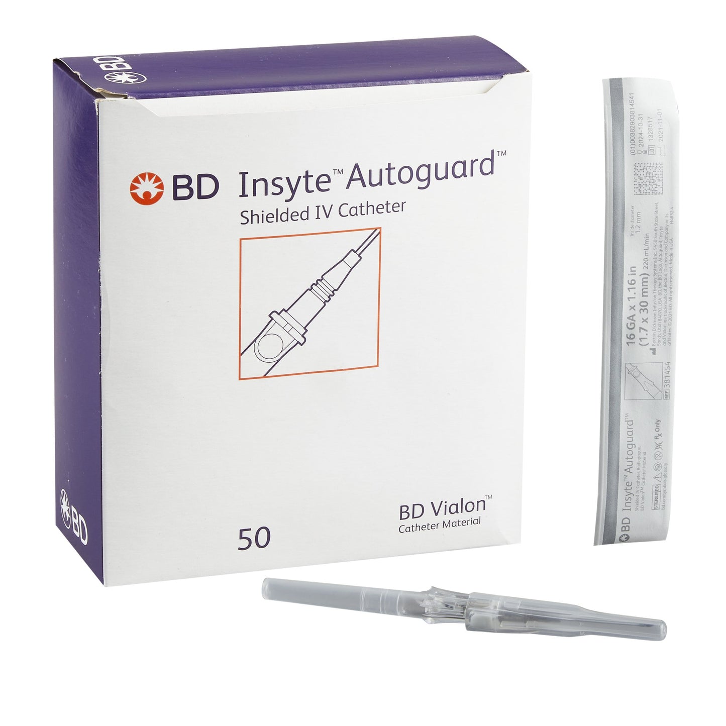 Peripheral IV Catheter Insyte™ Autoguard™ 16 Gauge 1.16 Inch BD Vialon Straight Hub Non Blood Control Push Button Safety - 381454