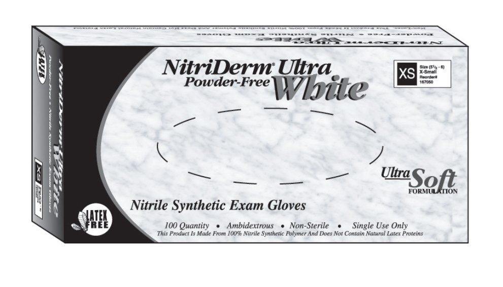 Exam Glove NitriDerm® Ultra White Medium NonSterile Nitrile Standard Cuff Length Fully Textured White Chemo Tested / Fentanyl Tested - 167200