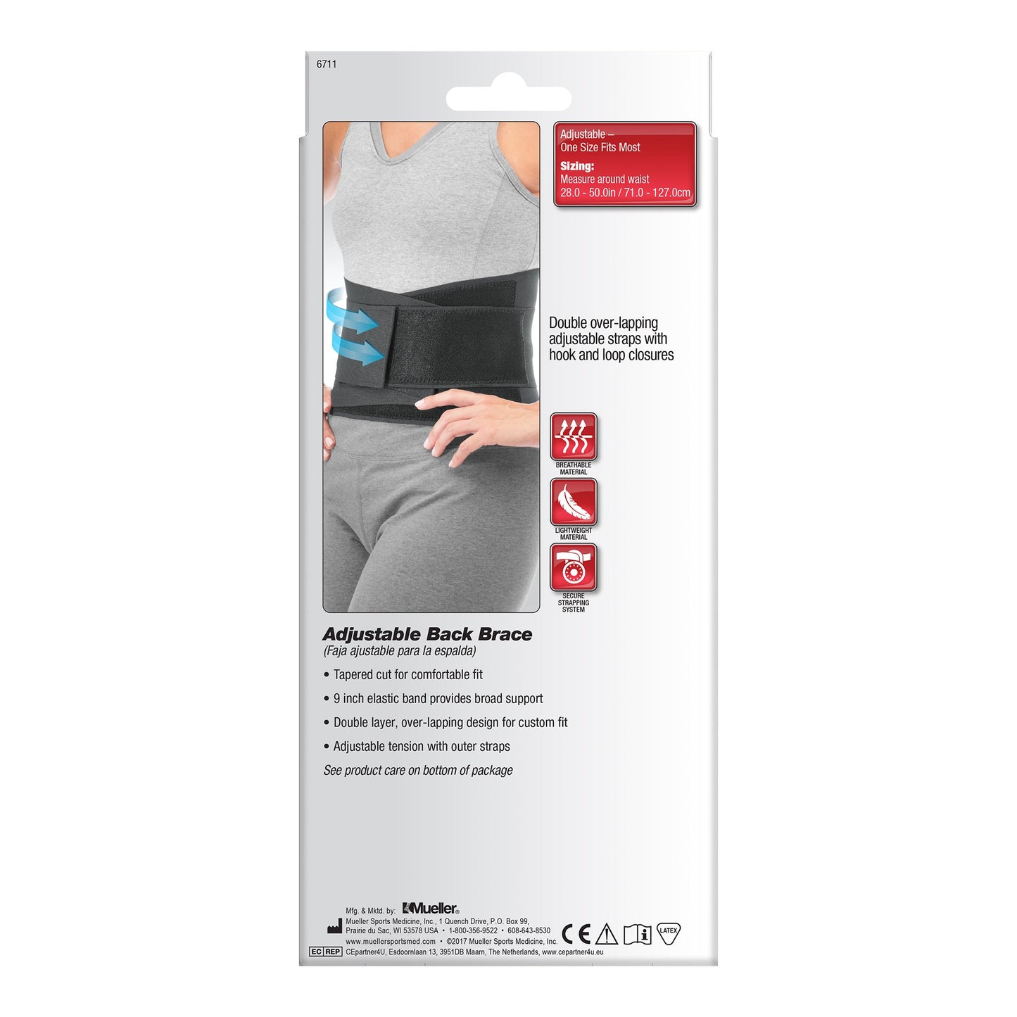 Back Brace Mueller® One Size Fits Most Hook and Loop Strap Closure 28 to 50 Inch Waist Circumference Adult 6711