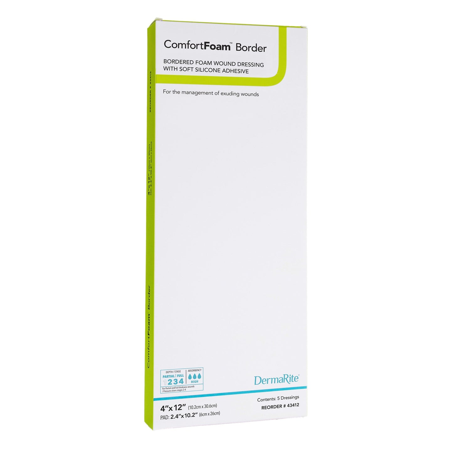 ComfortFoam™ Bordered Foam Wound Dressing w/ Soft Silicone Adhesive, 4 x 12 Inch 43412