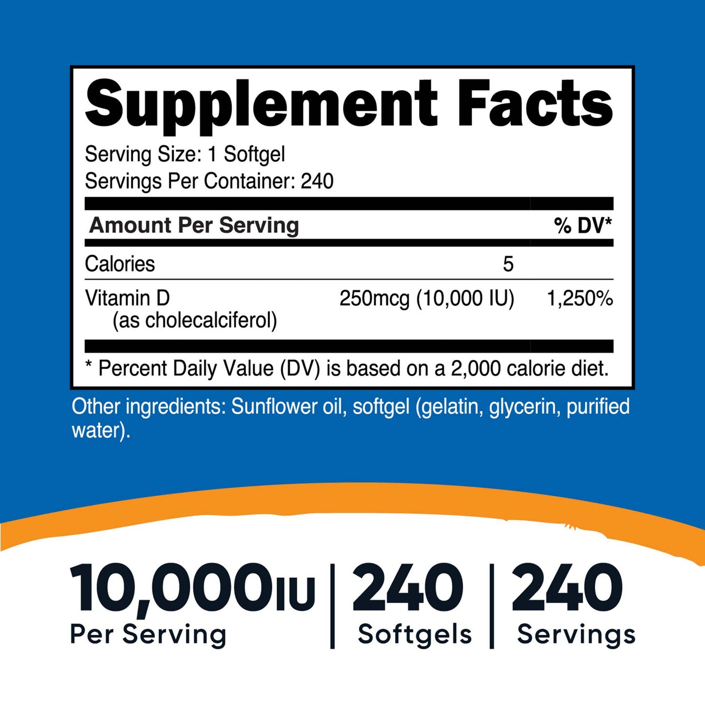 Dietary Supplement nutricost® Vitamin D3 10,000 IU Strength Softgel 240 Per Bottle NTC071101