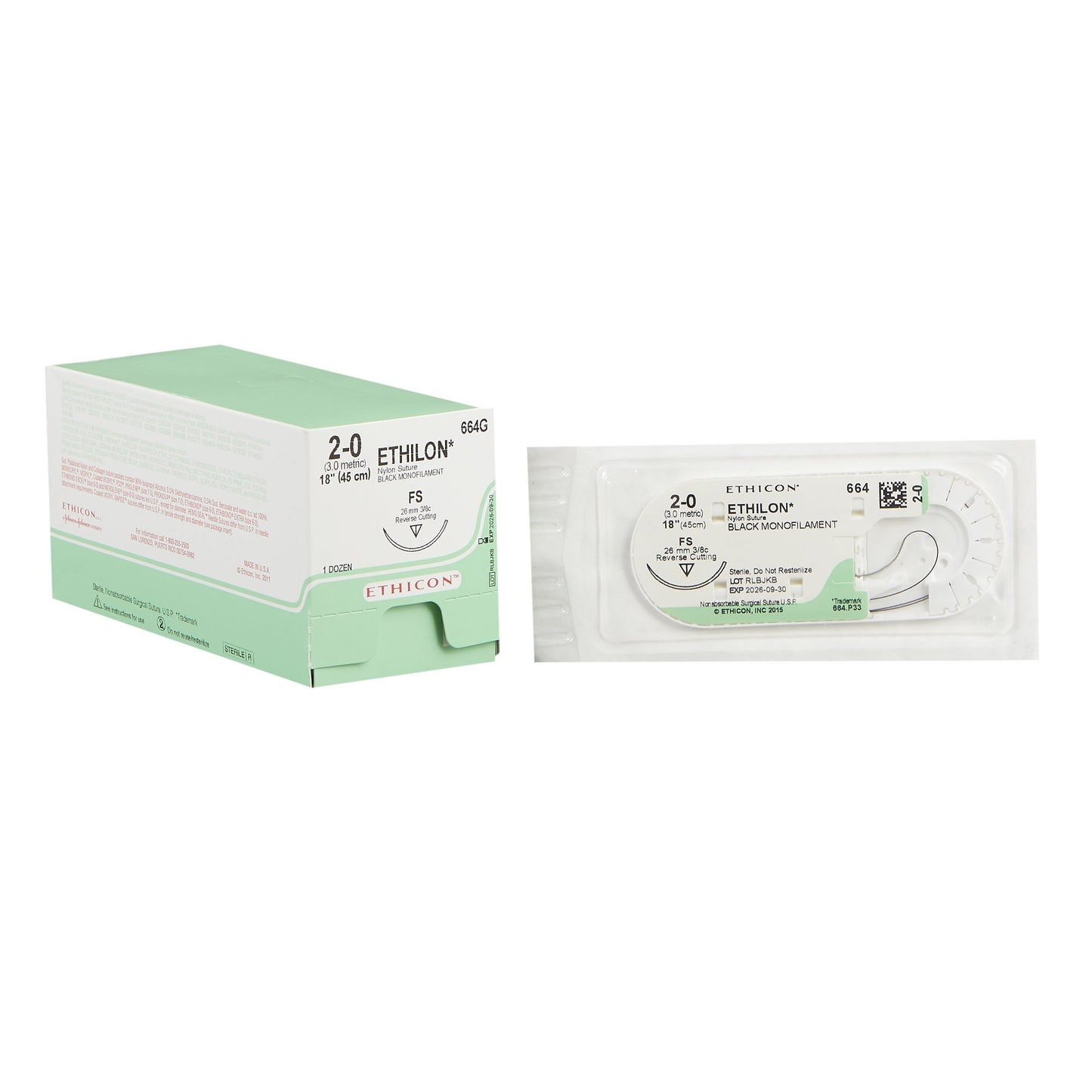 Nonabsorbable Suture with Needle Ethilon™ Nylon FS 3/8 Circle Reverse Cutting Needle Size 2-0 Monofilament - 664G