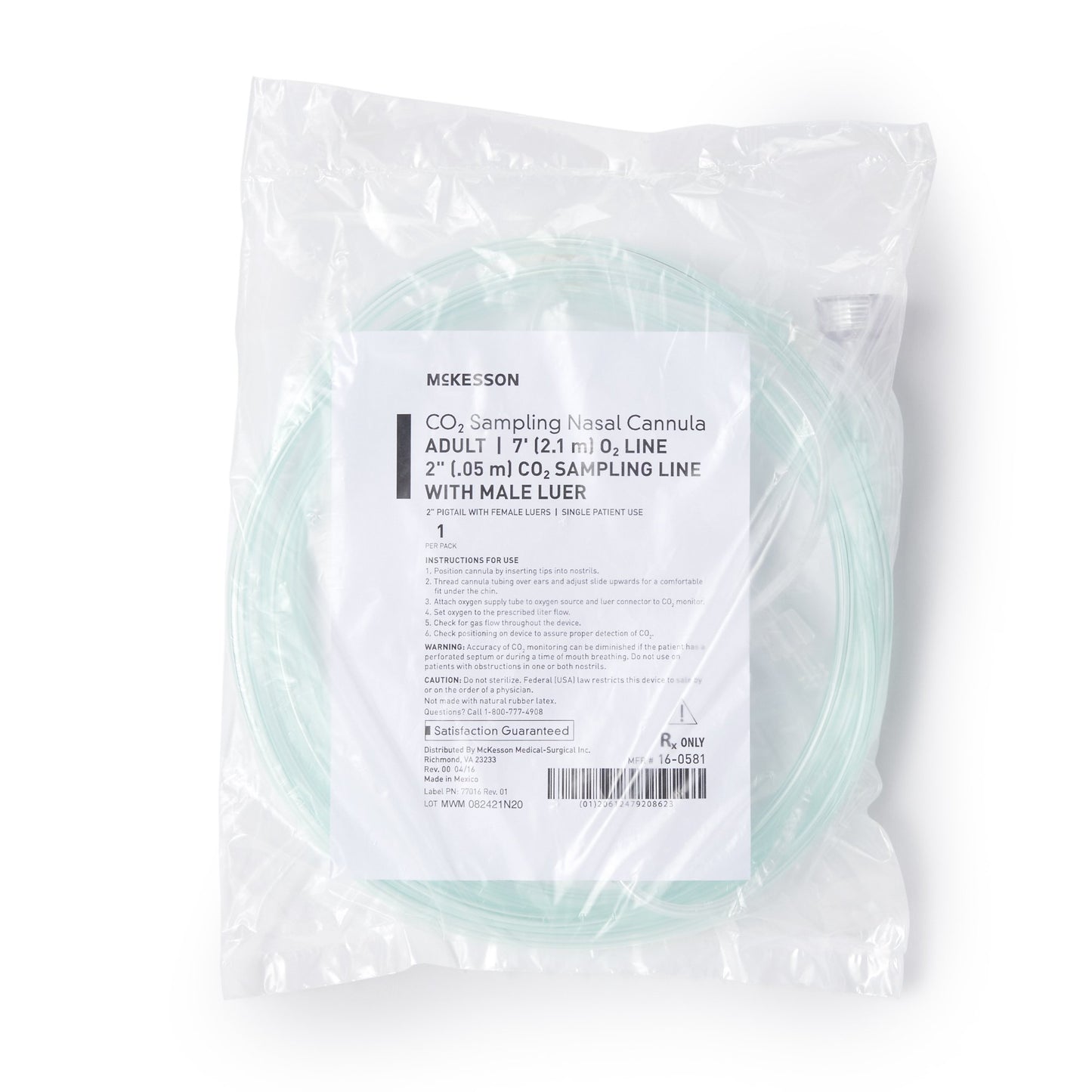 ETCO2 Nasal Sampling Cannula with O2 Delivery McKesson Adult Curved Prong / NonFlared Tip 7 Foot O2 / 2 Inch CO2 Line - 16-0581