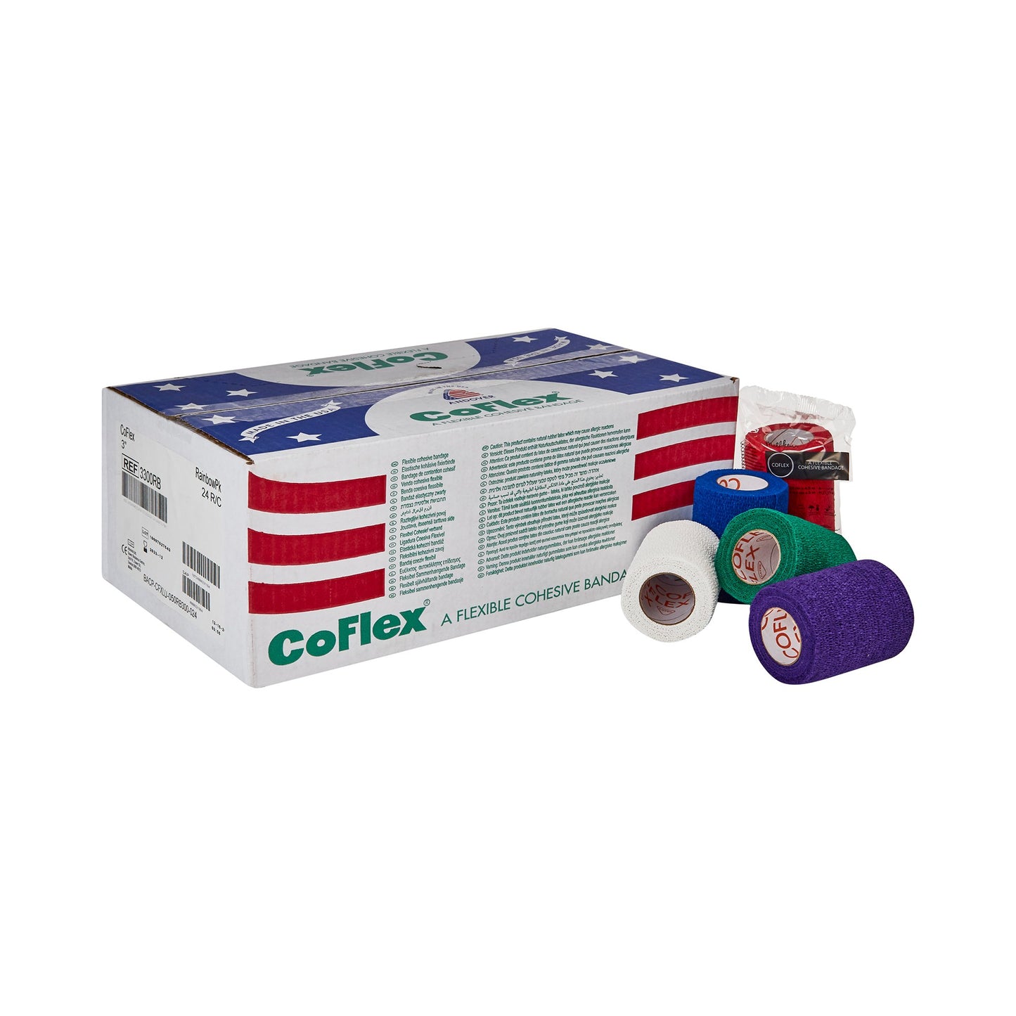 Cohesive Bandage CoFlex® 3 Inch X 5 Yard Self-Adherent Closure Teal / Blue / White / Purple / Red / Green NonSterile 14 lbs. Tensile Strength - 3300RB