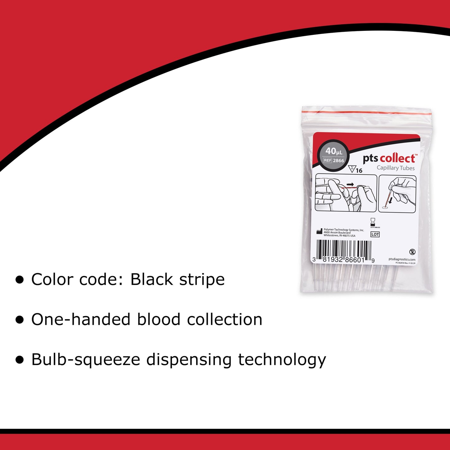 PTS Diagnostics Capillary Blood Collection Tube, 40 µL 2866