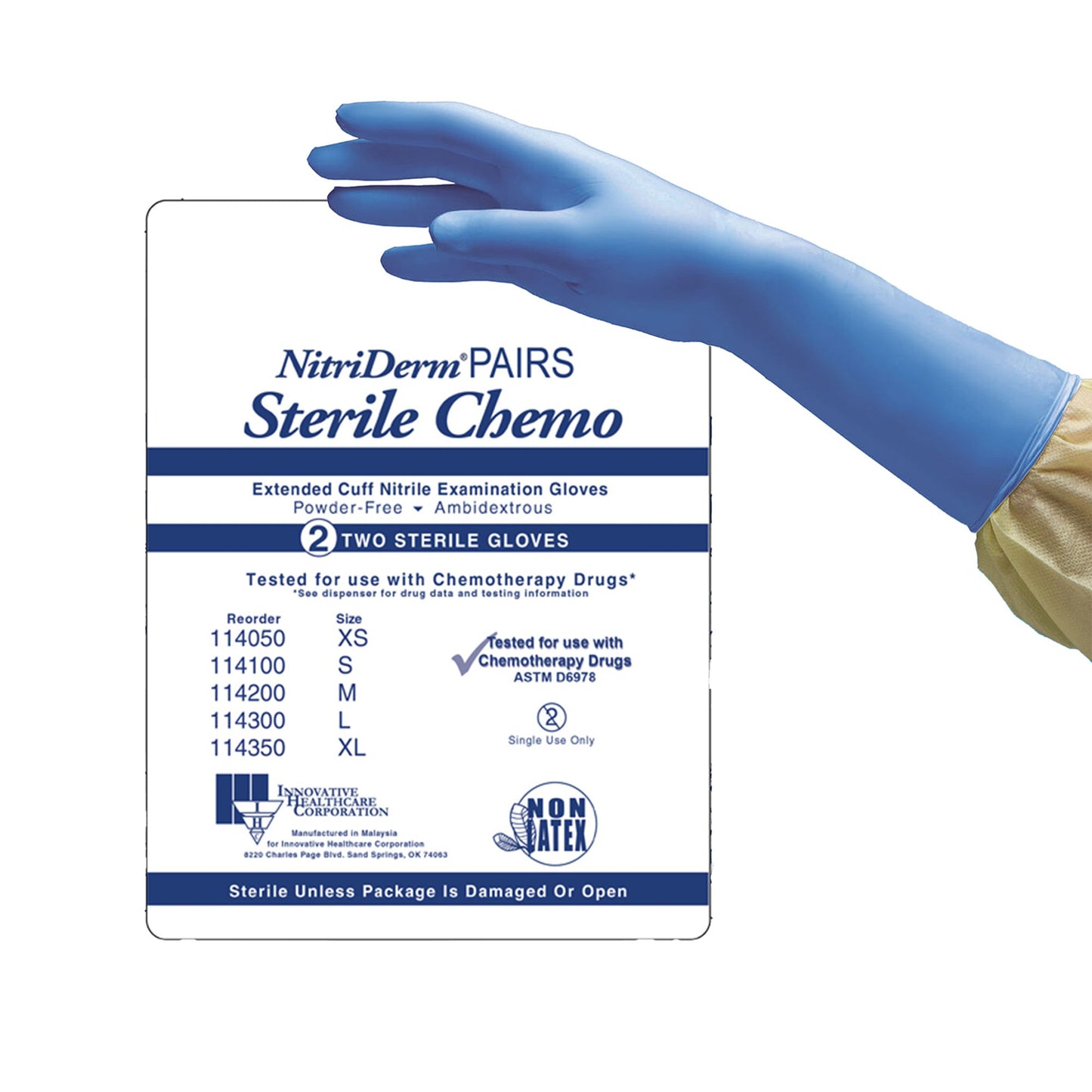 Exam Glove NitriDerm® EC Medium Sterile Pair Nitrile Extended Cuff Length Smooth Blue Chemo Tested - 114200
