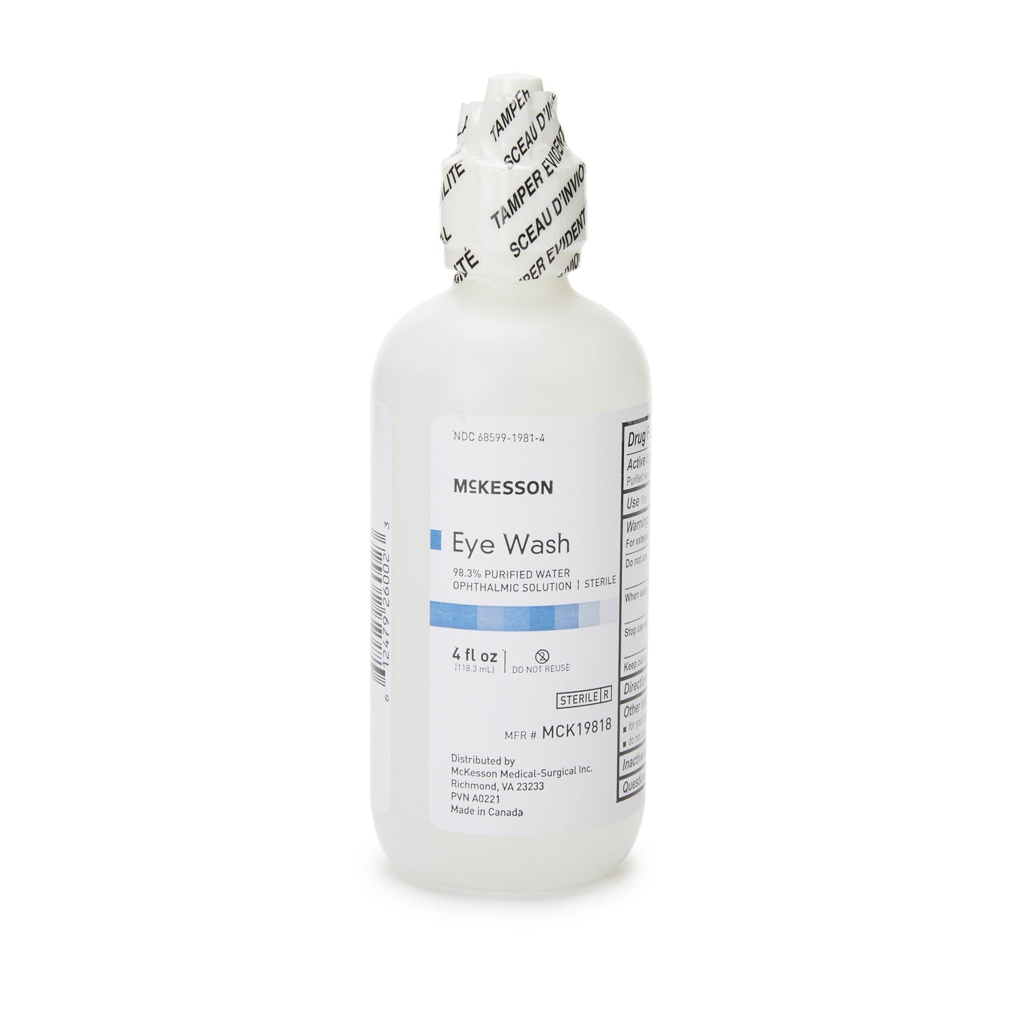 Eye Wash Solution McKesson Active ingredient: 98.3% Purified Water Inactive ingredients: boric acid, sodium borate, sodium chloride 4 oz. Squeeze Bott