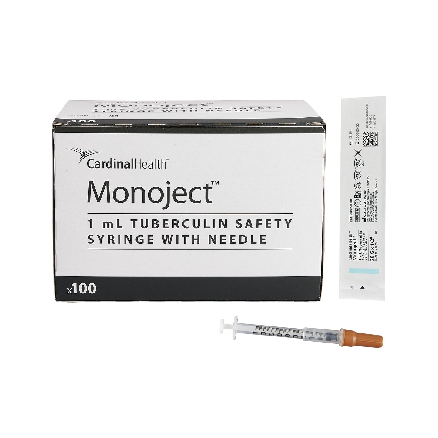 Safety Tuberculin Syringe with Needle Monoject™ 1 mL 1/2 Inch 28 Gauge Sliding Safety Needle Regular Wall - 8881511201