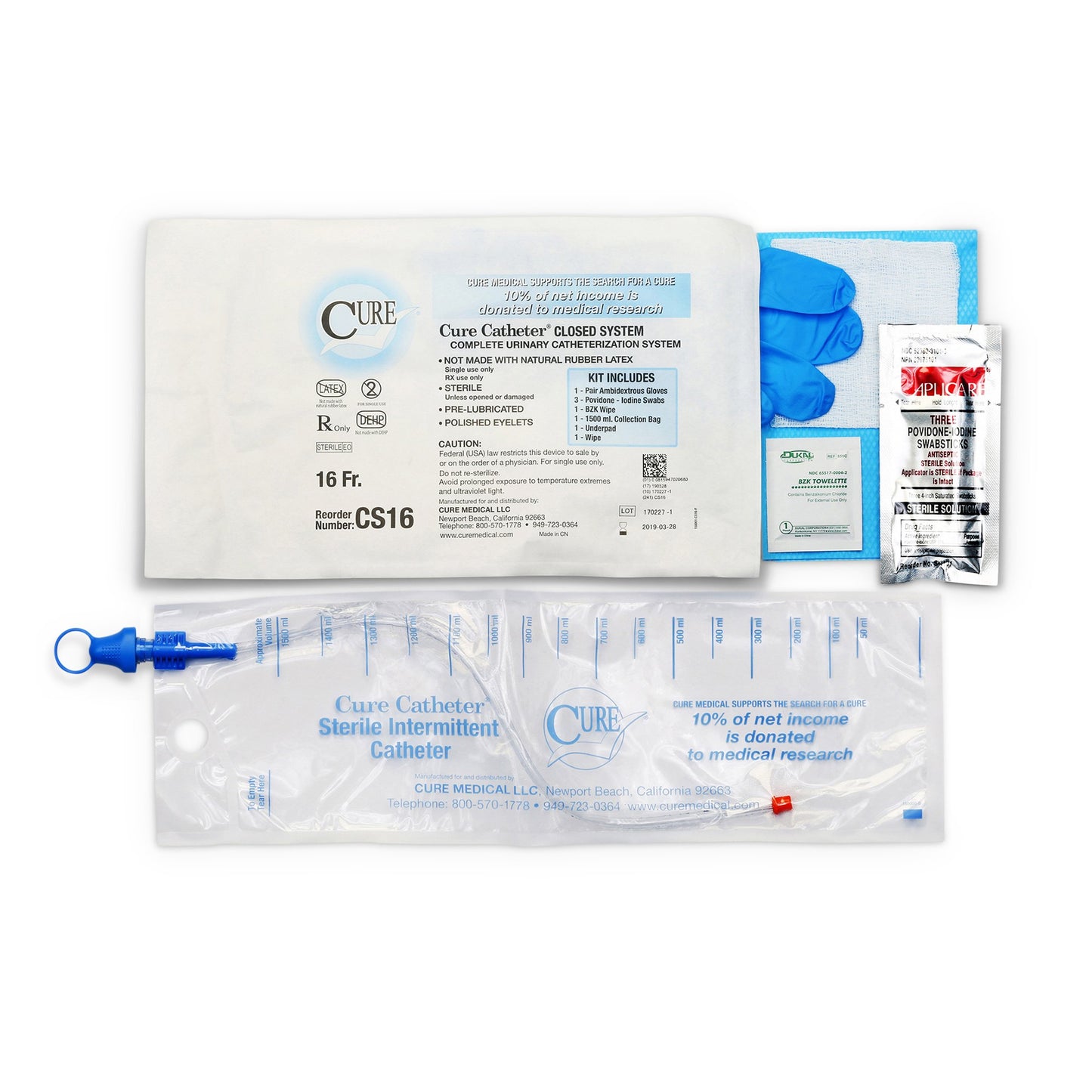 Cure Medical Cure Catheter Intermittent Catheter Kit, 16 Fr. CS16, 1 Each
