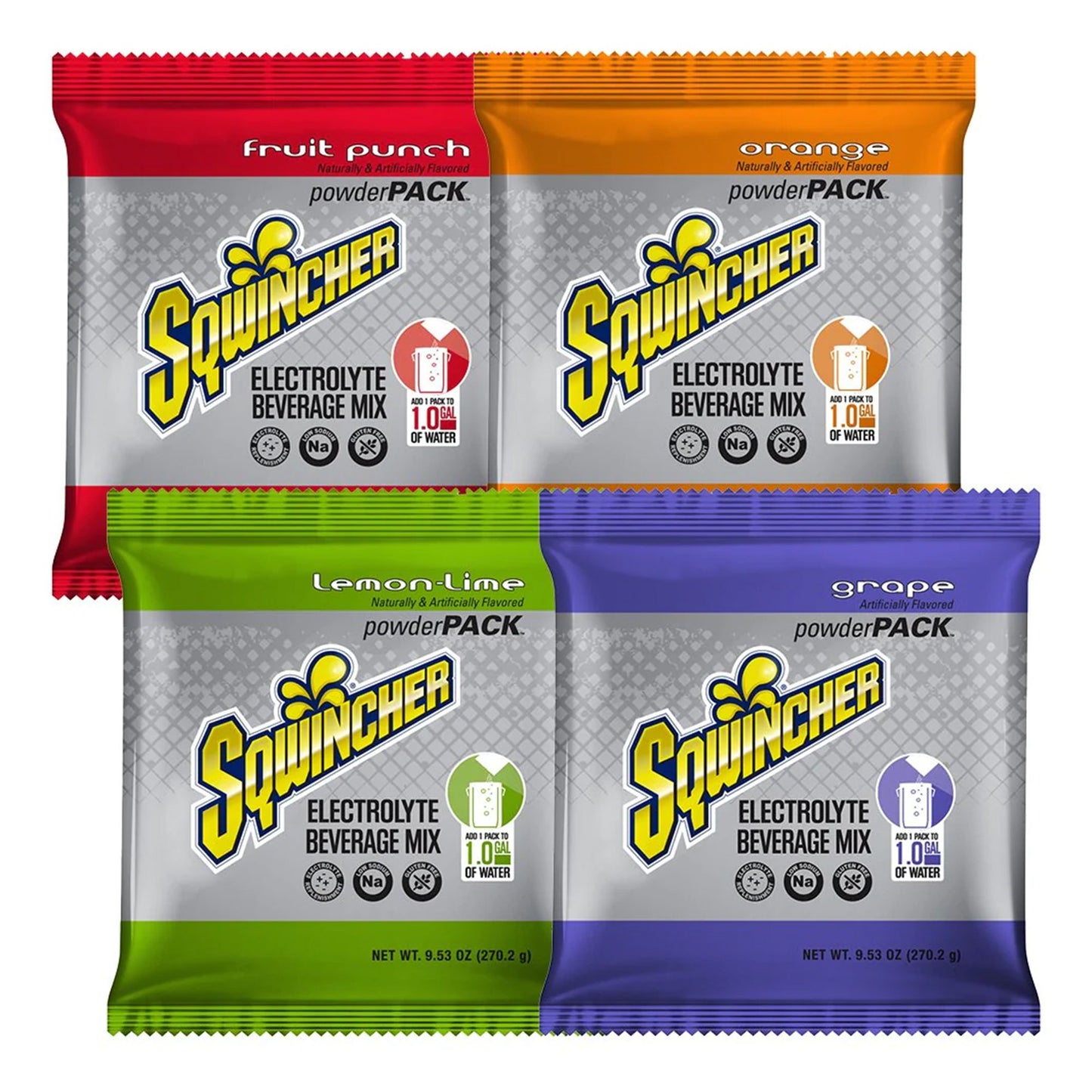 Oral Electrolyte Solution Sqwincher® Powder Pack® Orange / Fruit Punch / Grape / Lemon-Lime Flavor 9.53 oz. Electrolyte - 159016007