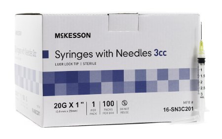 Standard Hypodermic Syringe with Needle McKesson 3 mL 1 Inch 20 Gauge NonSafety Thin Wall - 16-SN3C201