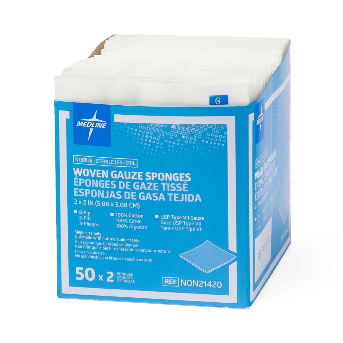 Medline Sterile USP Type VII Gauze Sponge, 2 x 2 Inch, 8-Ply NON21420