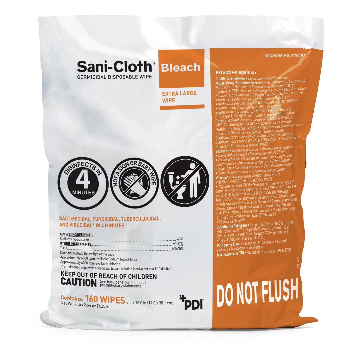 Surface Disinfectant Cleaner Refill Sani-Cloth® Bleach Premoistened Germicidal Manual Pull Wipe 160 Count Bag Chlorine Scent NonSterile - P700RF