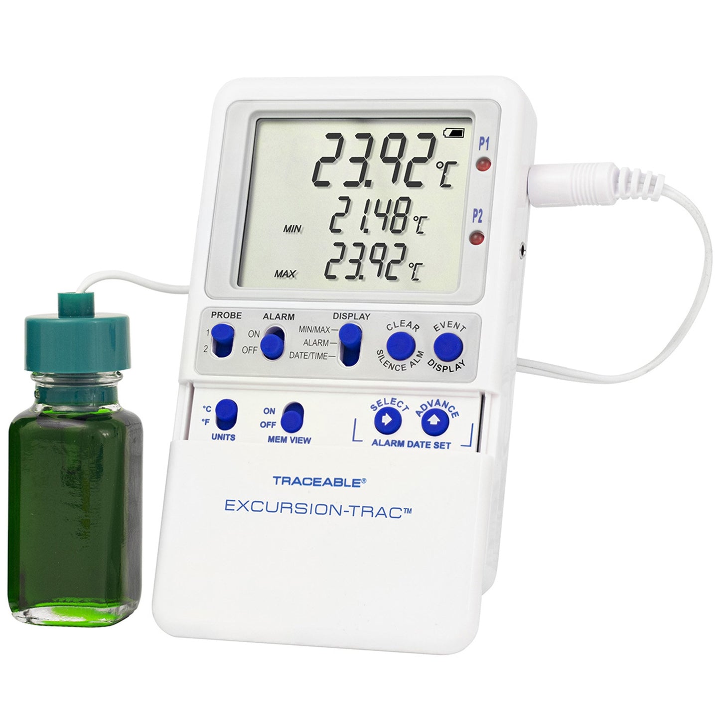 Datalogging Refrigerator / Freezer Thermometer Traceable® Excursion-Trac™ Fahrenheit / Celsius -58° to +158°F (-50° to +70°C) Bottle Probe Multiple Mo