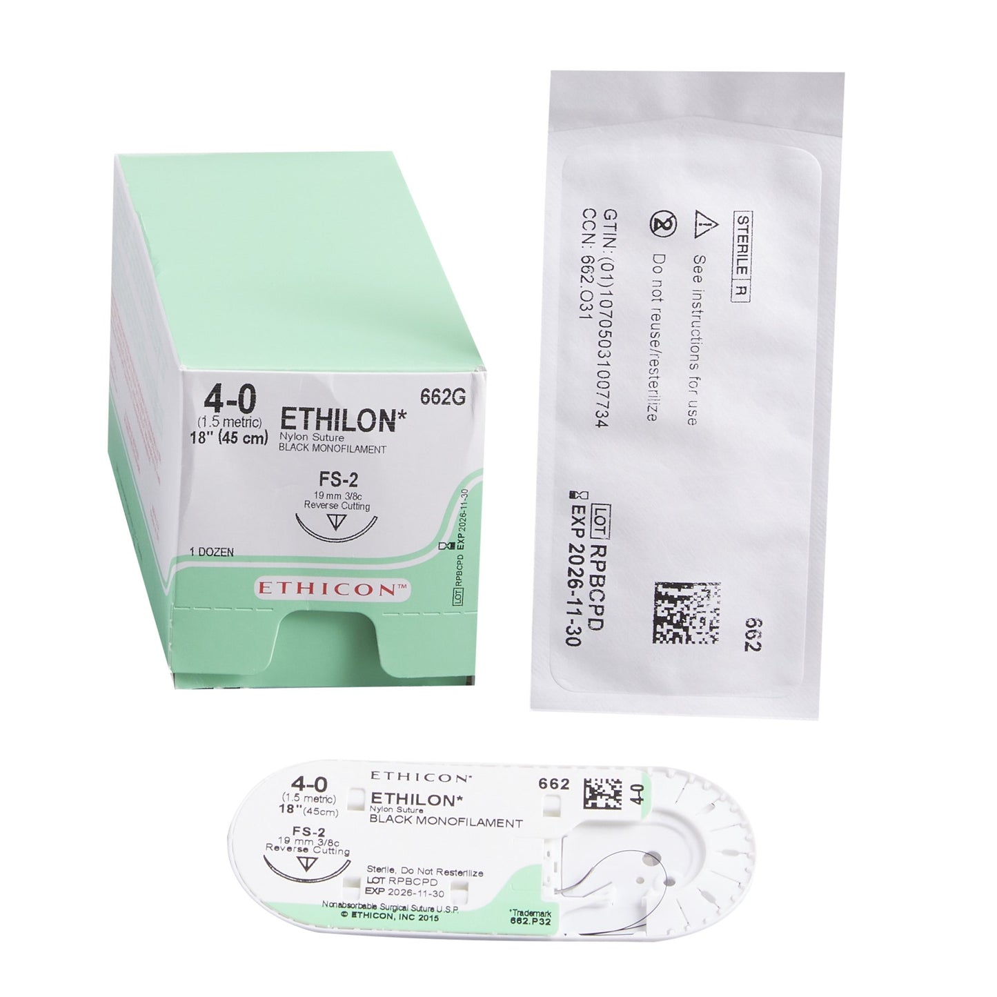 Nonabsorbable Suture with Needle Ethilon™ Nylon FS-2 3/8 Circle Reverse Cutting Needle Size 4-0 Monofilament - 662G
