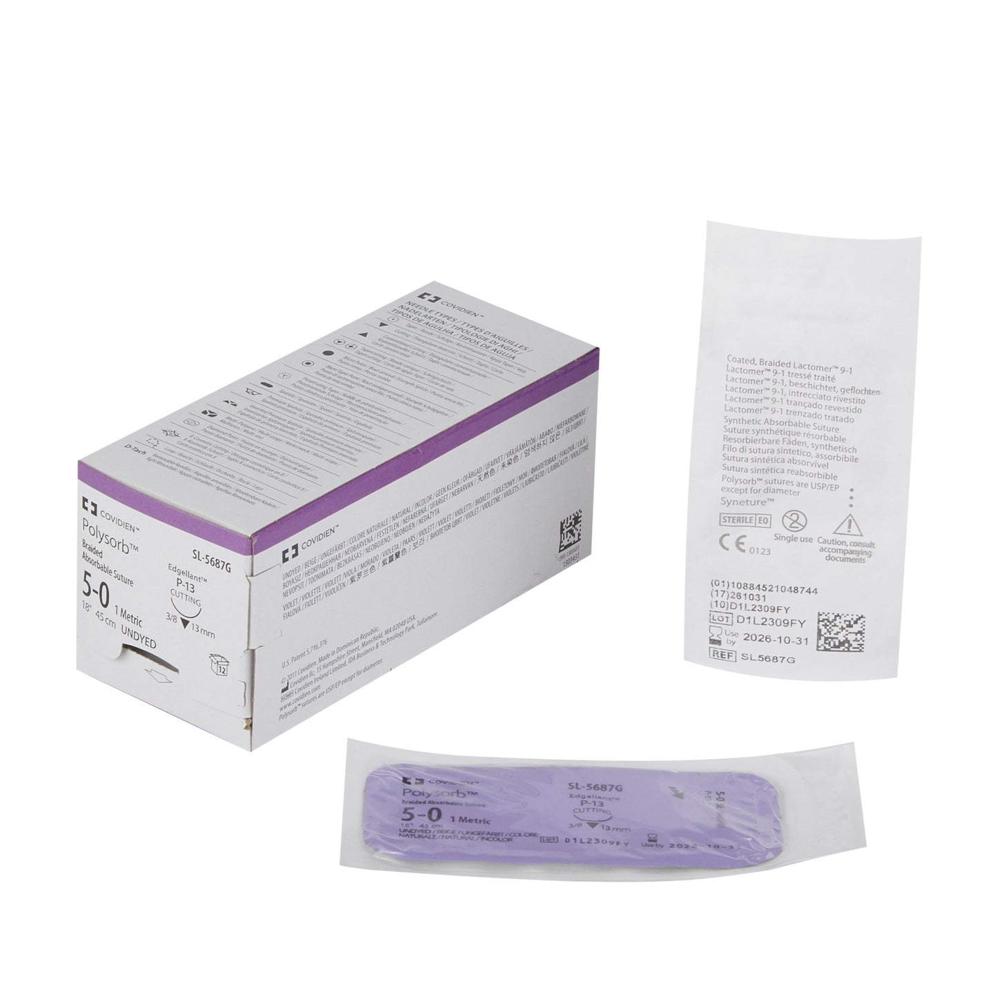 Absorbable Suture with Needle Polysorb™ Polyester P-13 3/8 Circle Precision Reverse Cutting Needle Size 5-0 Braided - SL-5687G