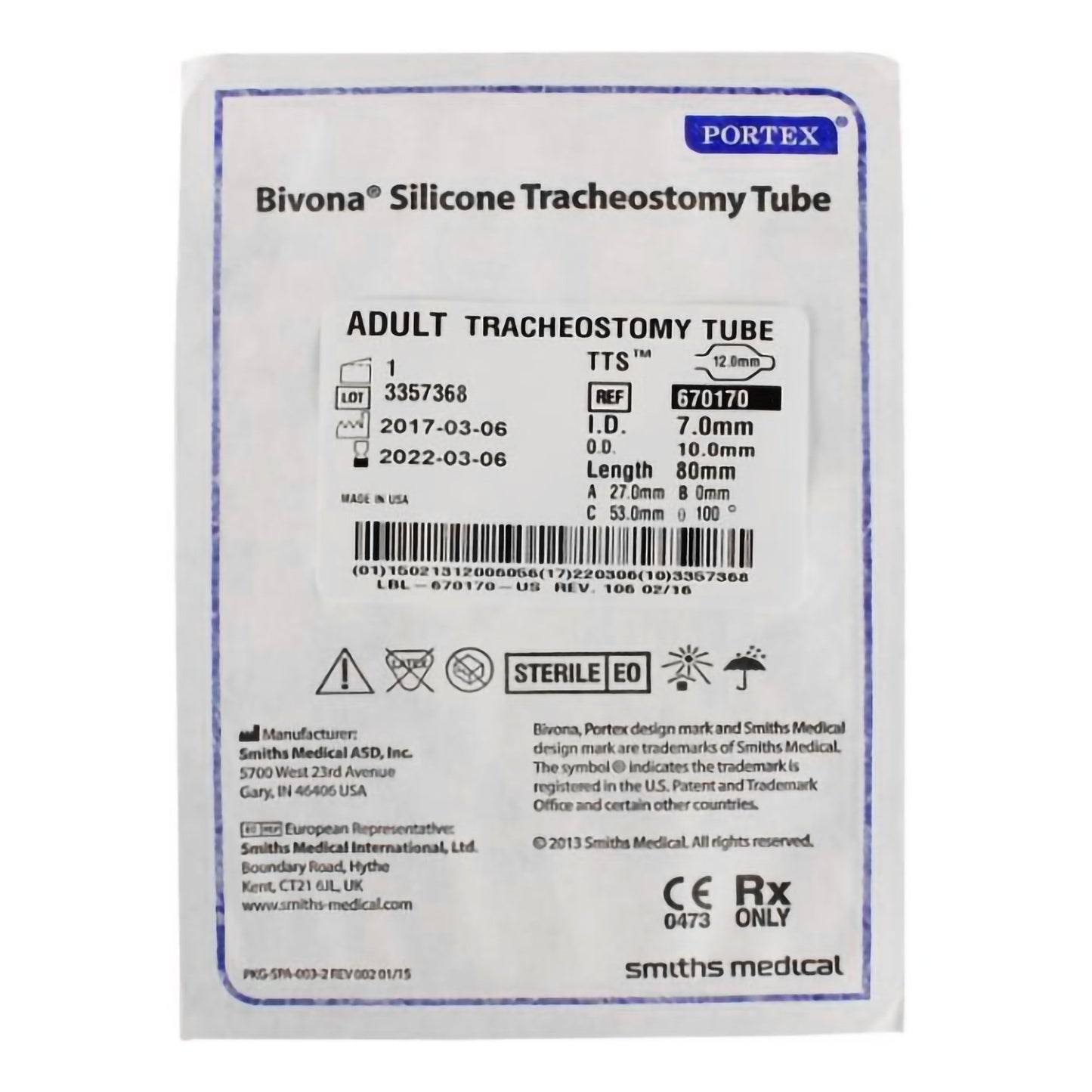Smiths Medical ASD, Inc. Bivona TTS Tracheostomy Tube, Size 7 670170, 1 Each