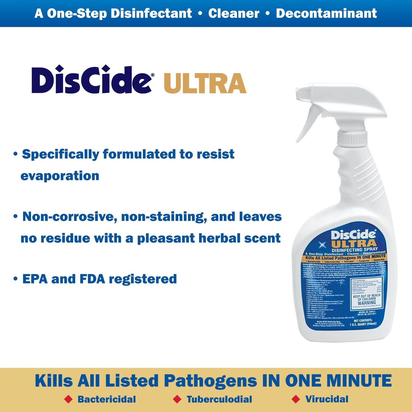 DisCide® Ultra Quaternary Based Surface Disinfectant Cleaner, 1 quart 3565Q