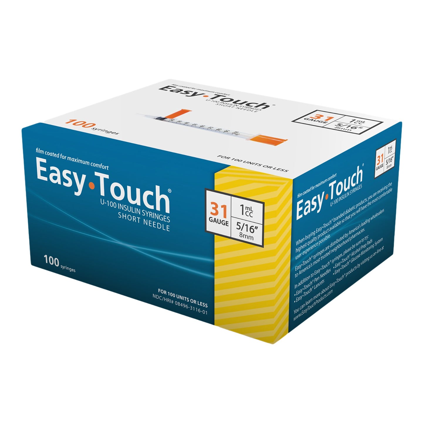 Standard Insulin Syringe with Needle EasyTouch™ 1 mL 5/16 Inch 31 Gauge NonSafety Thin Wall - 831165