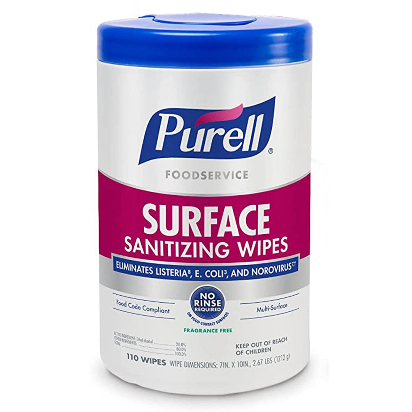 Surface Disinfectant / Sanitizer Purell® Food Service Manual Pull Wipe 110 Count Canister Unscented NonSterile - 9341-06