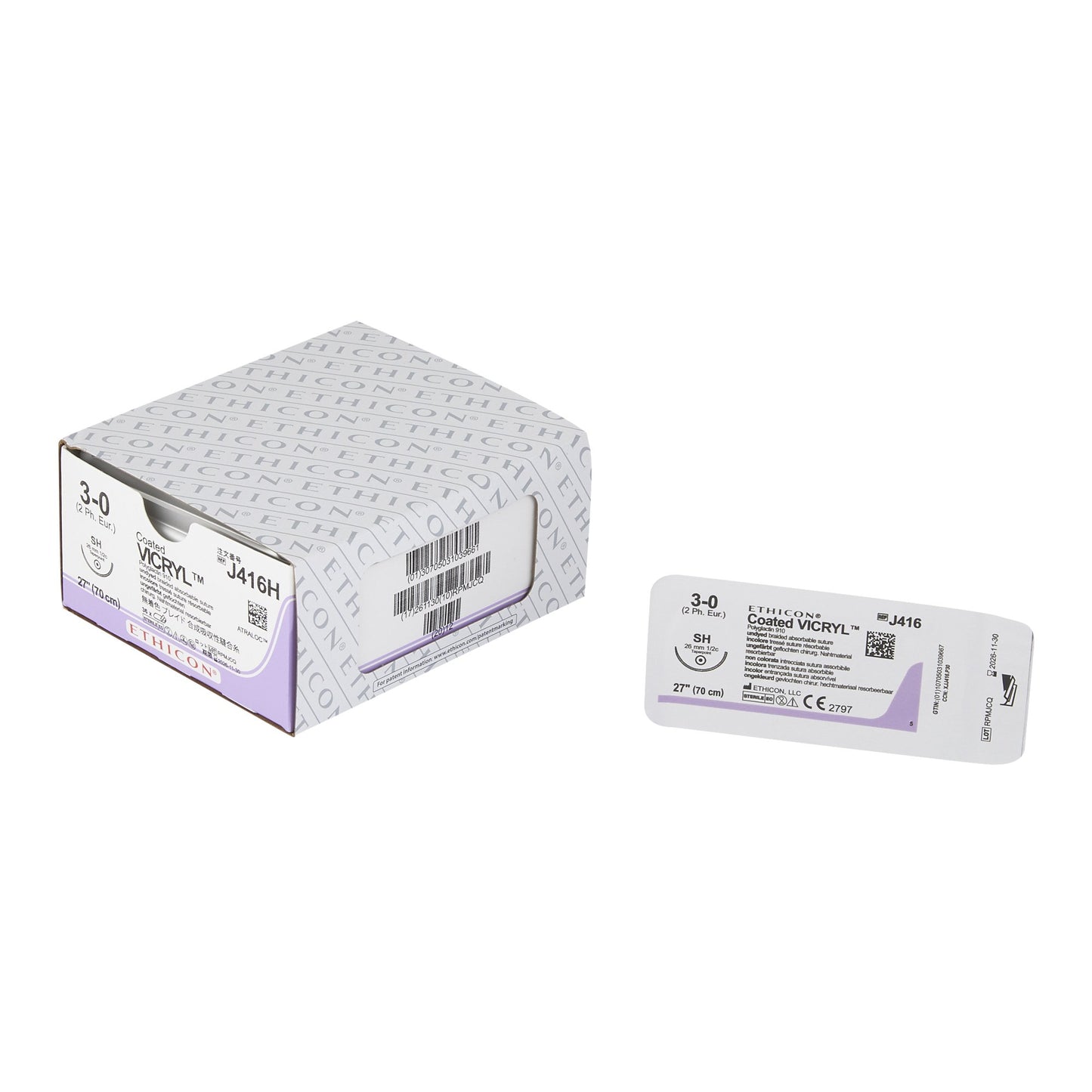 Absorbable Suture with Needle Coated Vicryl™ Polyglactin 910 SH 1/2 Circle Taper Point Needle Size 3-0 Braided - J416H