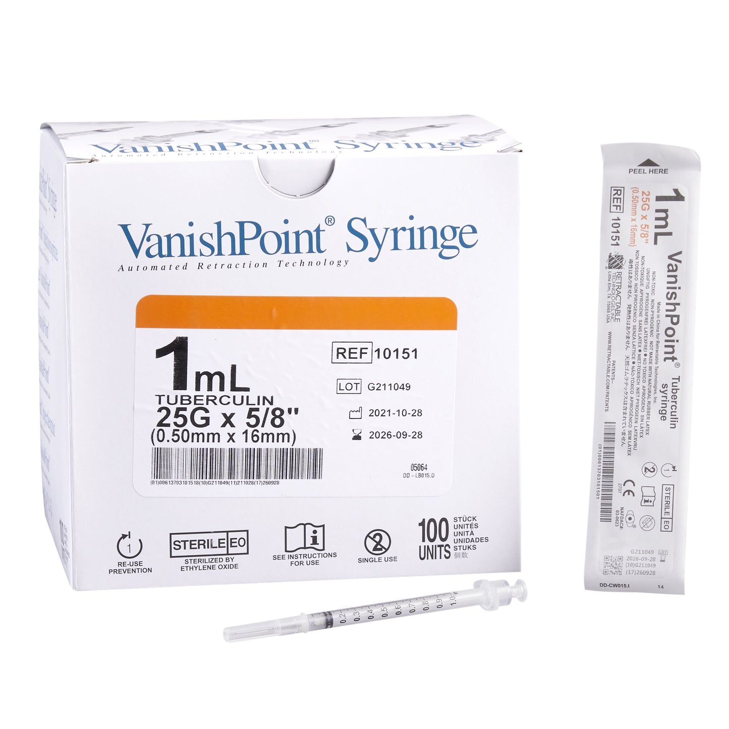 Safety Tuberculin Syringe with Needle VanishPoint® 1 mL 5/8 Inch 25 Gauge Retractable Safety Needle Regular Wall - 10151