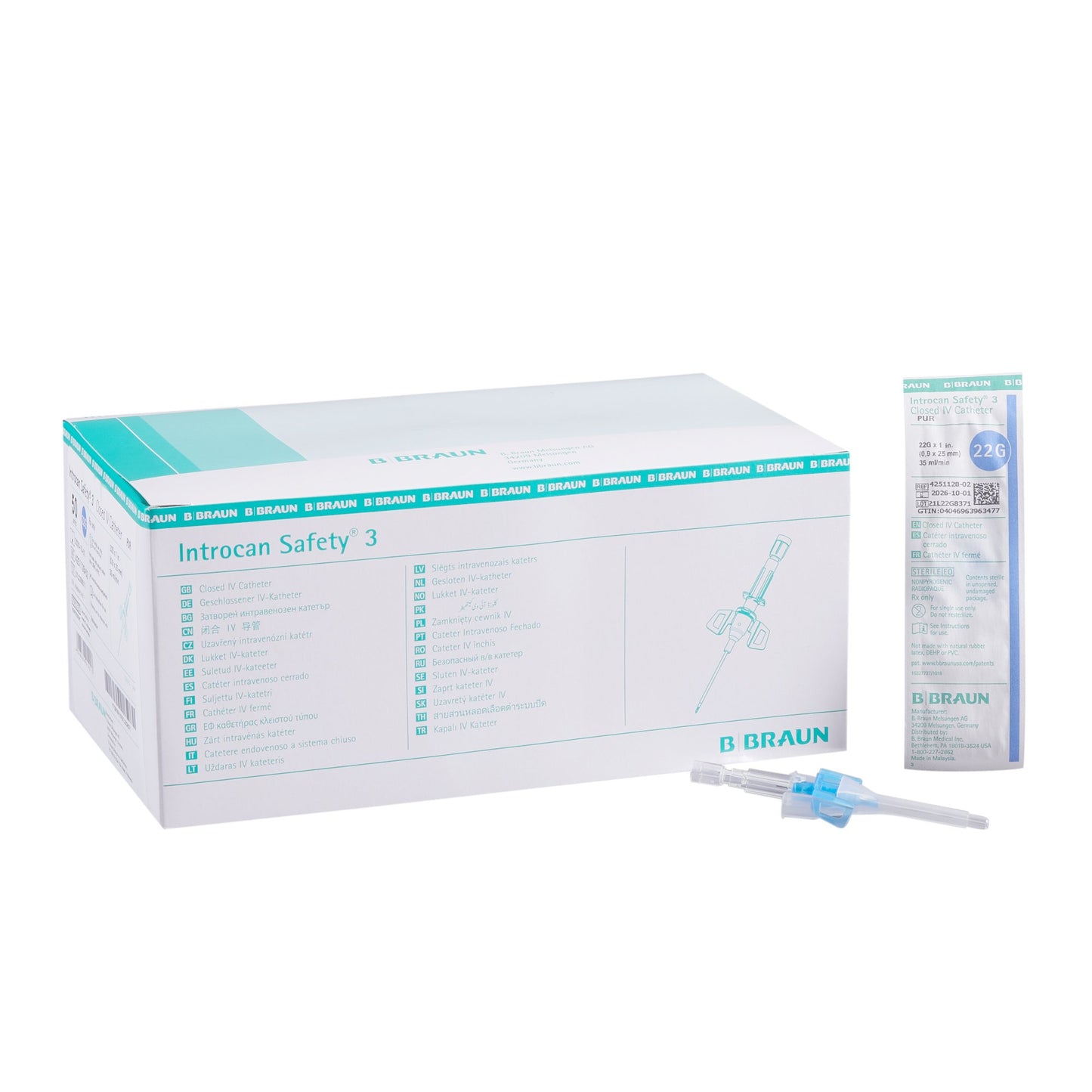 Closed IV Catheter Introcan Safety® 3 22 Gauge 1 Inch Polyurethane Winged Hub Blood Control Passive Safety - 4251128-02
