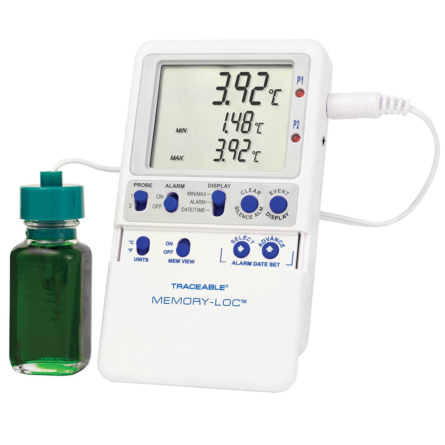 Datalogging Refrigerator / Freezer Thermometer with Alarm Traceable® Memory-Loc™ Fahrenheit / Celsius -58° to +158°F (-50° to +70°C) Glycol Bottle Probe Multiple Mounting Options Battery Operated 94460-37