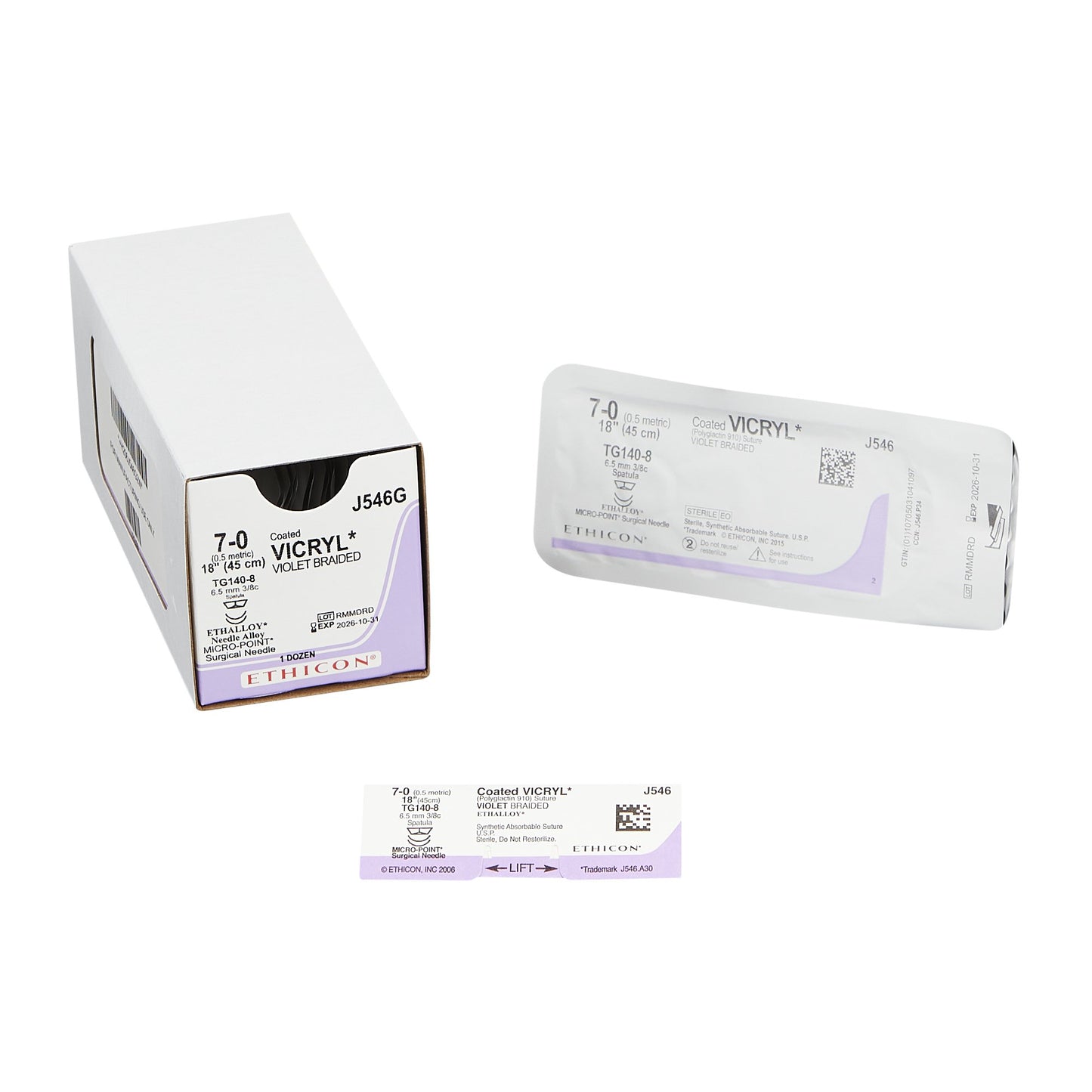 Absorbable Suture with Needle Coated Vicryl™ Polyglactin 910 TG140-8 3/8 Circle Spatula Needle Size 7-0 Braided - J546G