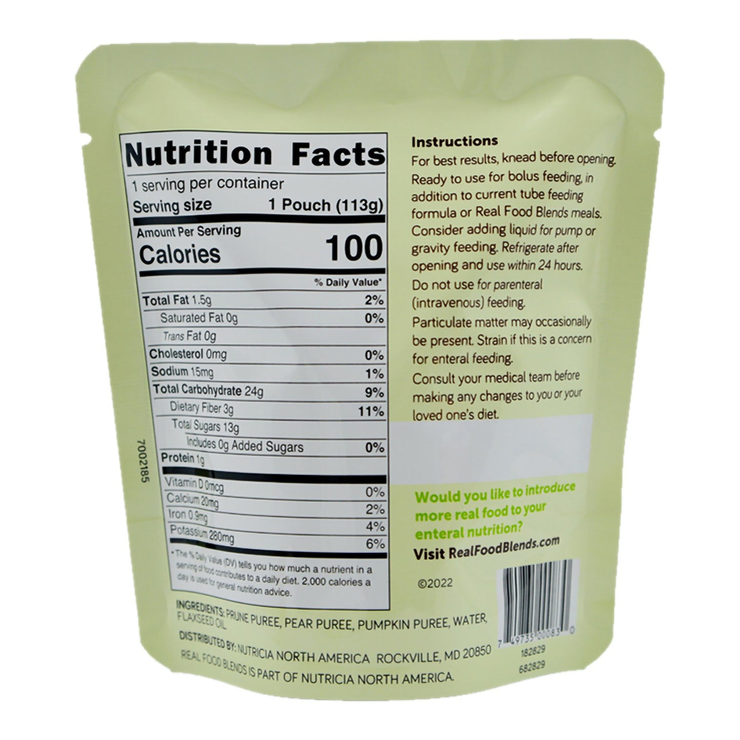 Tube Feeding Formula Real Food Blends® Mini Prunes / Pears / Pumpkin Flavor Liquid 4 oz. Pouch 182829