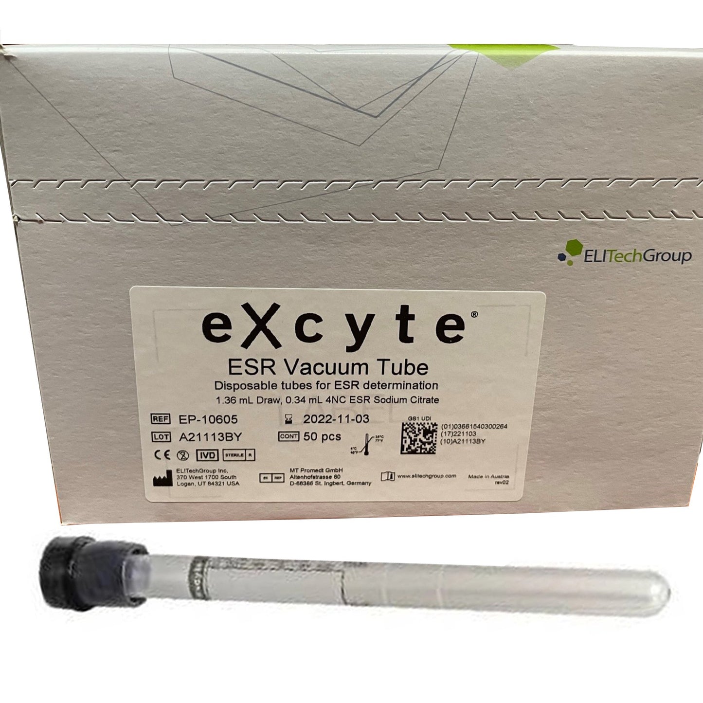 Excyte® Vacuum Tube Venous Blood Collection Tube Sodium Citrate Additive 1.36 mL Conventional Closure Plastic Tube - EP-10605