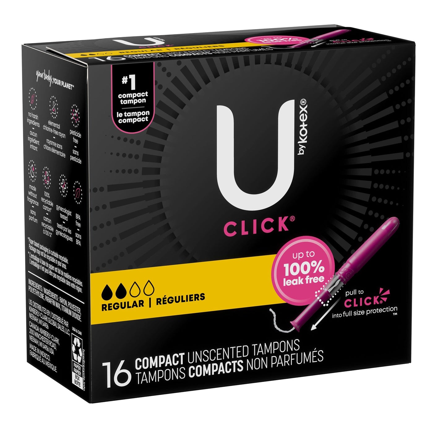 Tampon U by Kotex® Click® Regular Absorbency Plastic Applicator Individually Wrapped - 53445