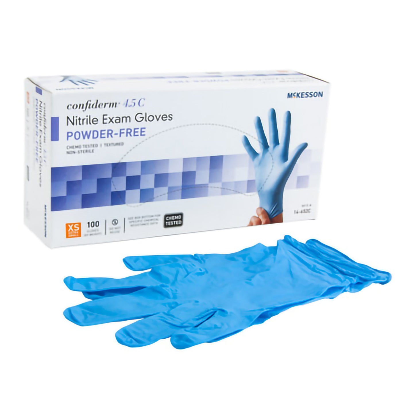 Exam Glove McKesson Confiderm® 4.5C X-Small NonSterile Nitrile Standard Cuff Length Textured Fingertips Blue Chemo Tested - 14-652C