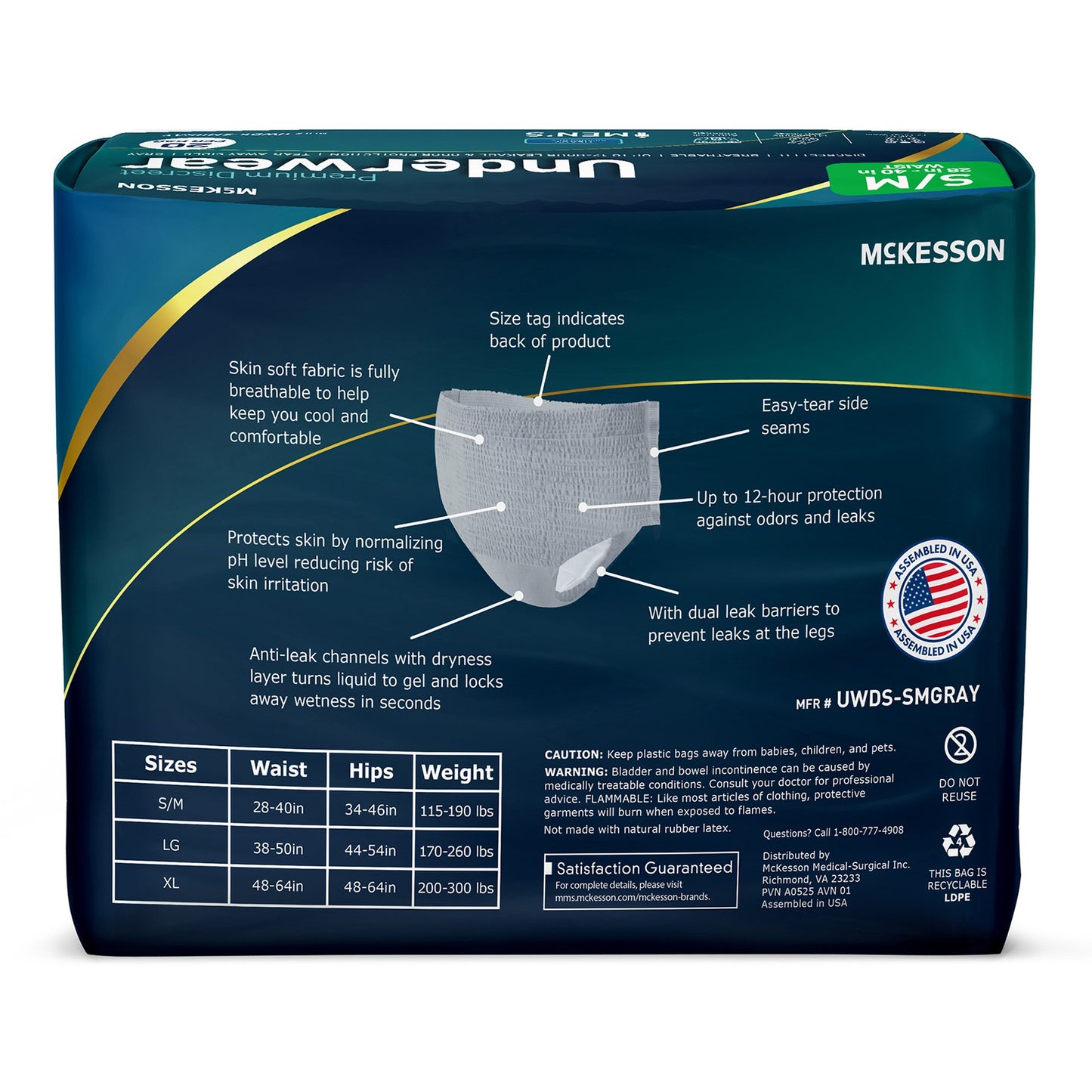 McKesson Premium Discreet Underwear for Men, Heavy Absorbency, Small/Medium UWDS-SMGRAY