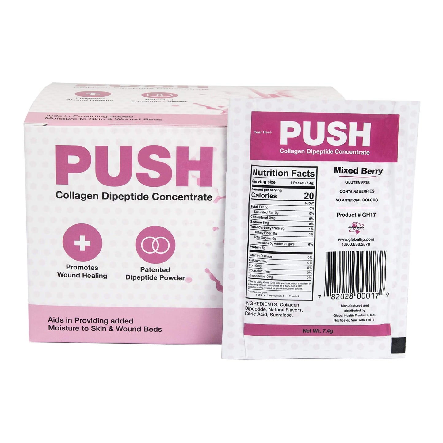 Oral Supplement PUSH Collagen Dipeptide Concentrate Mixed Berry Flavor Powder 7.4 Gram Individual Packet - GH-17