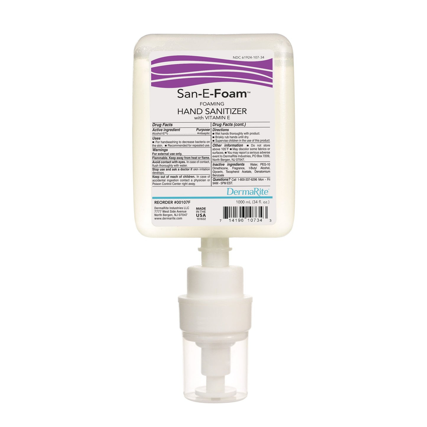 Hand Sanitizer San-E-Foam™ 1,000 mL Ethyl Alcohol Foaming Dispenser Refill Bottle - 00107F